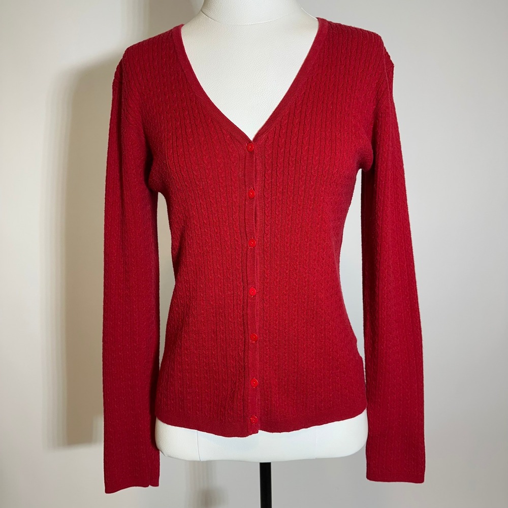 Worthington Red Cable Knit Button Up Cardigan Sweater Womens Small Cotton Blend